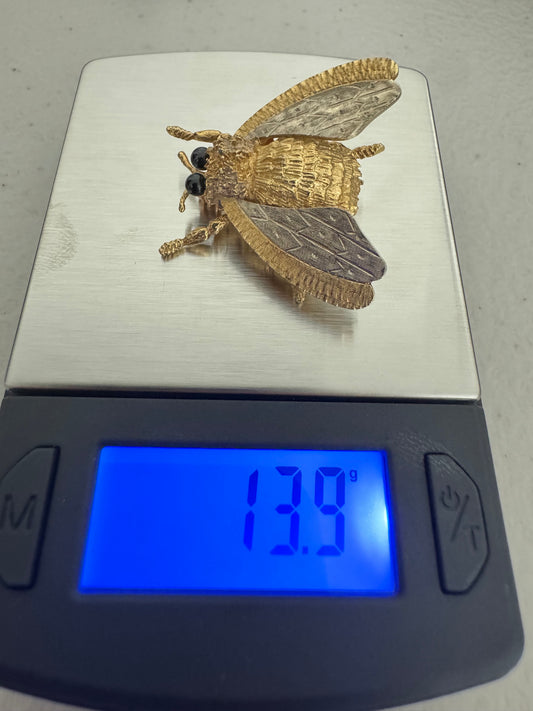 Cellino "Bee" Brooch, 14 grams 18k gold with onyx eyes