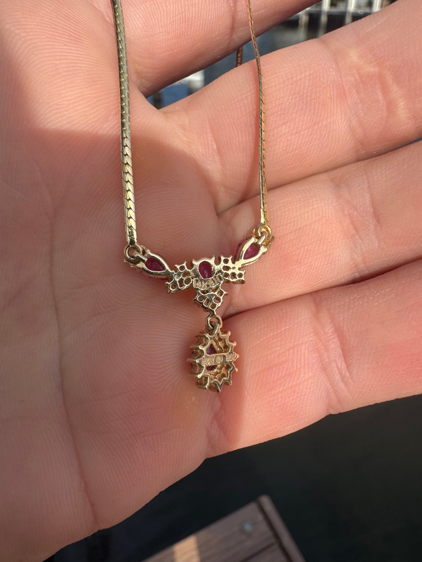 14k yellow gold, ruby and diamond necklace