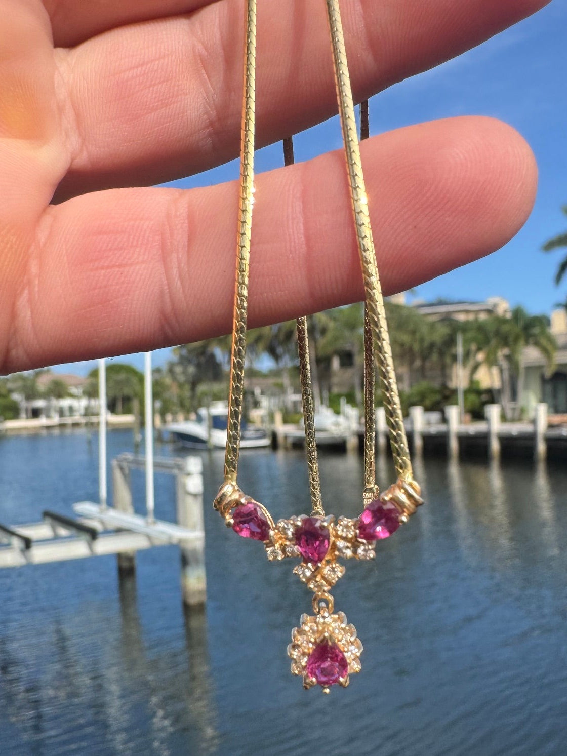 14k yellow gold, ruby and diamond necklace