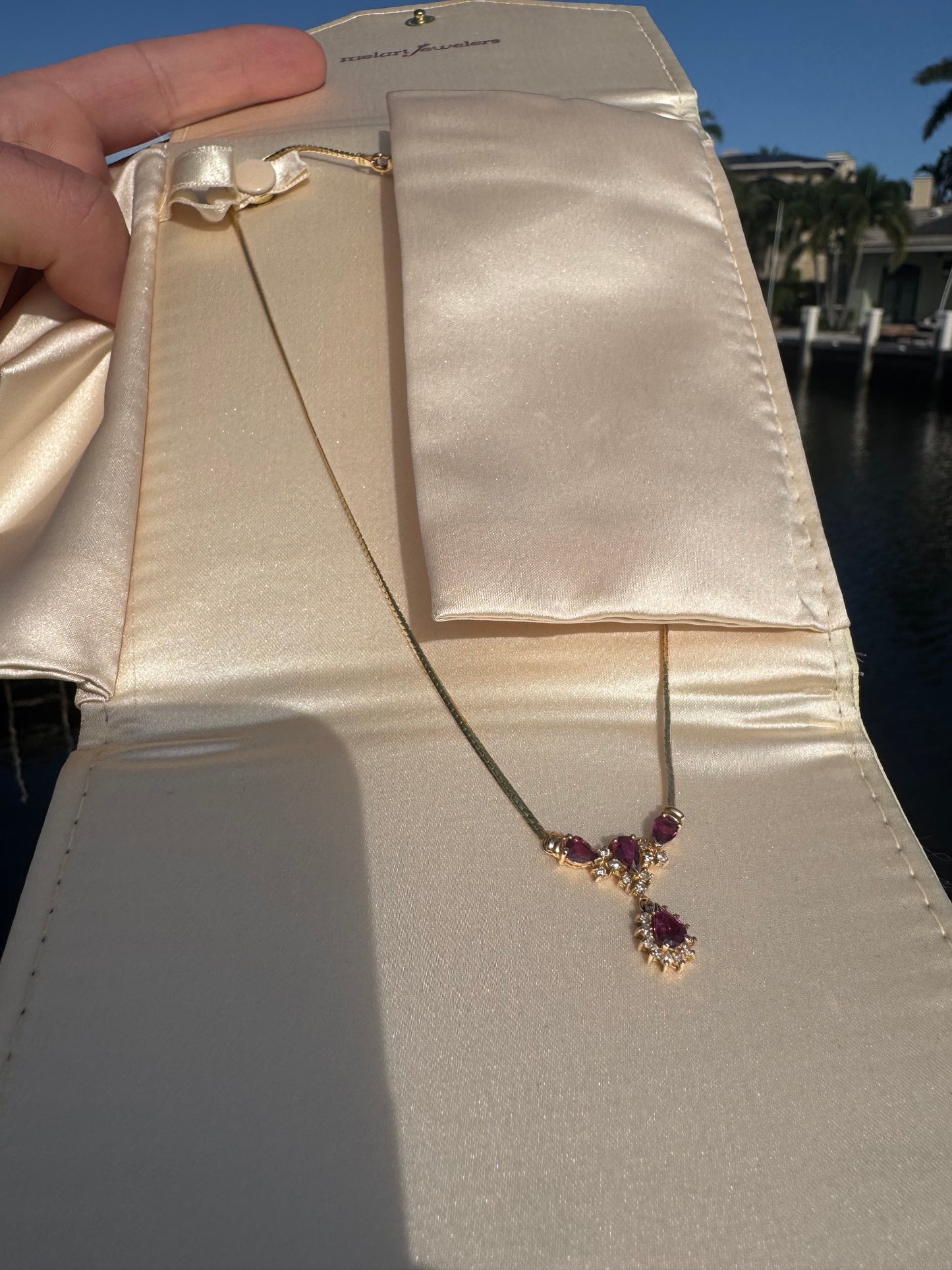14k yellow gold, ruby and diamond necklace